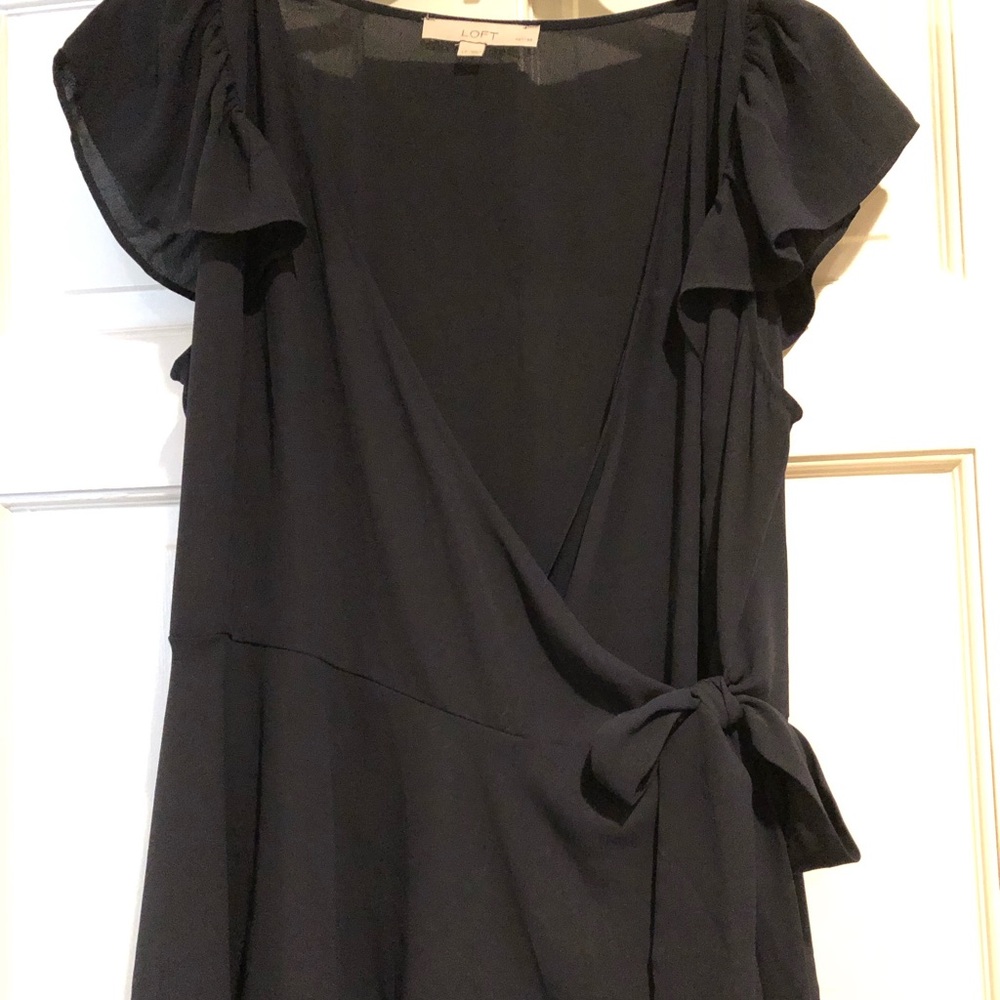 Loft Petite navy wrap flutter blouse